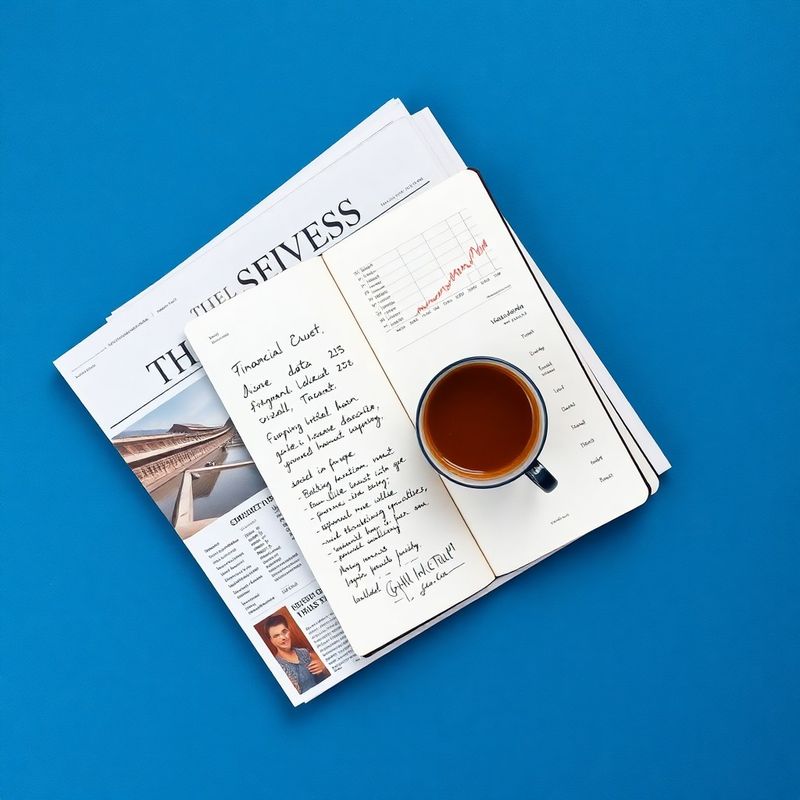 Periódicos financieros y libreta con anotaciones sobre superficie azul